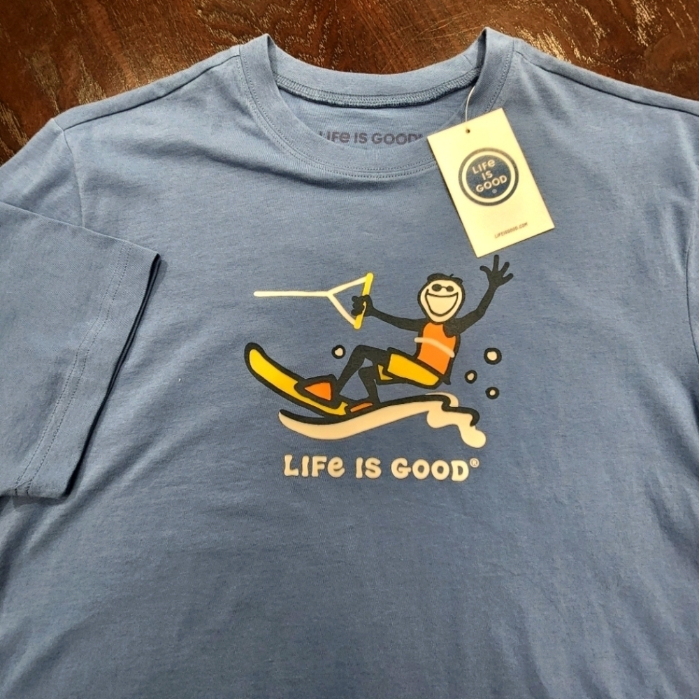 LIFE IS GOOD Men's S Crew Neck JAKE WATER SKIING S/S Tee Shirt VINTAGE BLUE NWT - Picture 1 of 7